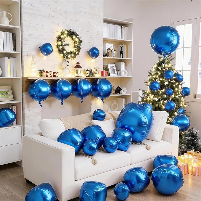 Biapian 12Pcs Dark Blue Round Foil Balloons, 22" 18" 15" 10" 4D Round Ball Shaped Balloon, Big Blue Metallic Balloons for Birthday Party Baby Shower Graduation New Year Eve Disco Decorations Supplies