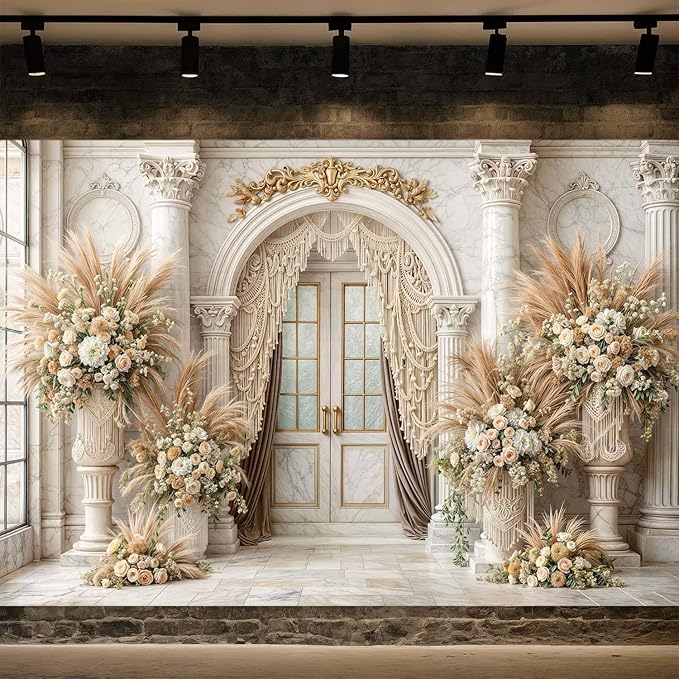 8X6ft European Retro Palace Backdrop Elegant Boho Flowers Photography Background Luxurious Dreamlike Wedding Bridal Shower Party Decoration Supplies Cake Table Photo Booth Studio Props