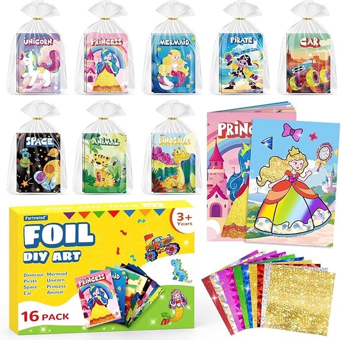 PARTYWIND Party Favors for Kids, 16 Pack Foil Art & Craft Books Bulk for Kids 4-8, Easter Basket Goodie Bag Stuffer & DIY Creative Activity Toys for Kids Birthday Party Favors, Classroom Prizes