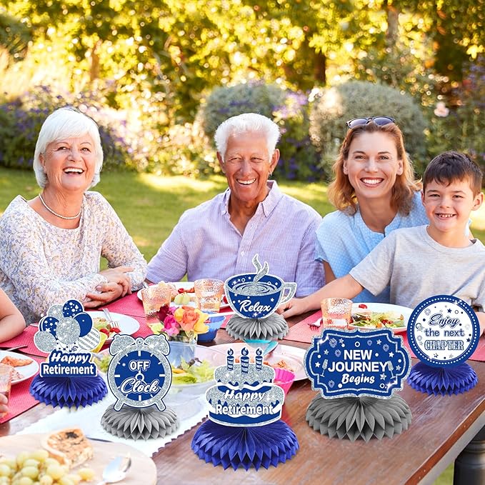 RUMIA 8pcs Navy Blue Silver Retirement Letter Print Honeycomb Centerpieces for Retirement Parties