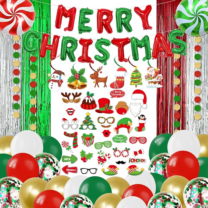 102 PCS Christmas Party Decorations Kits,Merry Christmas Foil Balloons,Xmas Photo Booth Prop, Red Green Latex Balloons,Hanging Swirl,Fringe Curtain for Xmas Decorations Indoor Home Decor
