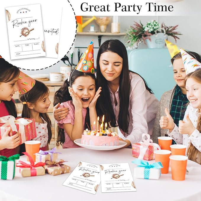 Rookie Year First Birthday Invitations, 1st Invites for Girls Boys, 20 Pcs Double-Sided Fill In Invitations with Envelopes, Birthday Party Favor & Supplies 6 x 4 Inch