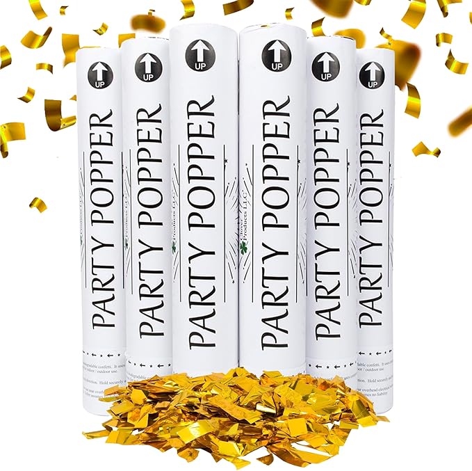 Confetti Cannons 12" – 6 Pack Gold Mylar Confetti Poppers | Party Poppers for Weddings, Birthdays, Graduations & Events | Air-Powered, Safe & Easy to Use | Shoots 25 Feet Indoor & Outdoor