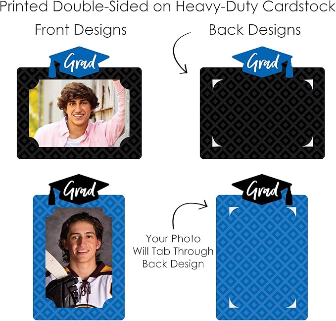Blue Graduation Party Decoration, Photo Display Centerpiece Kit, 15 Double-Sided Photo Table Topper Sticks, Vertical and Horizontal 4x6 Picture Holders - Blue Grad