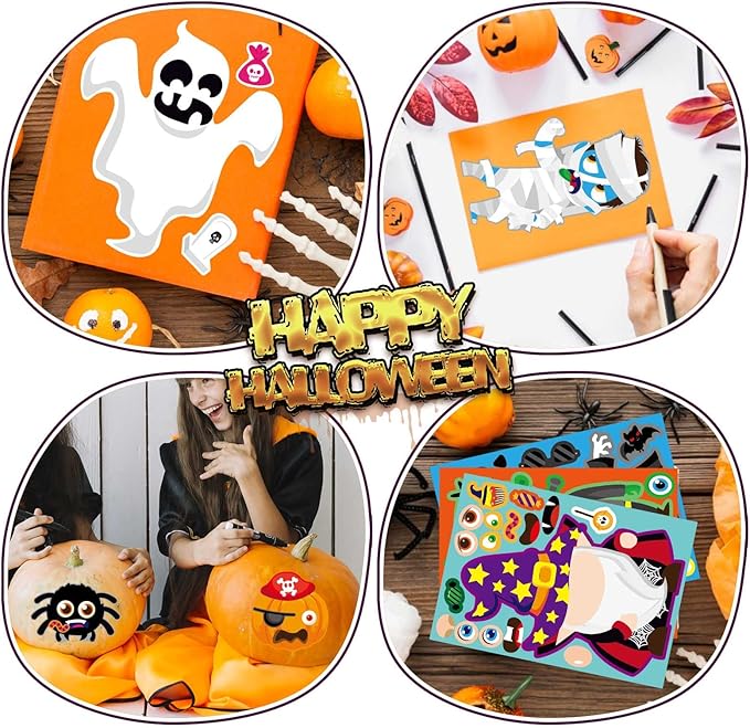 24 Sheets Halloween Stickers for Kids, Halloween Decorations, Kids Party Games, Face Stickers, Vinyl, Waterproof, Cartoon, Halloween Style