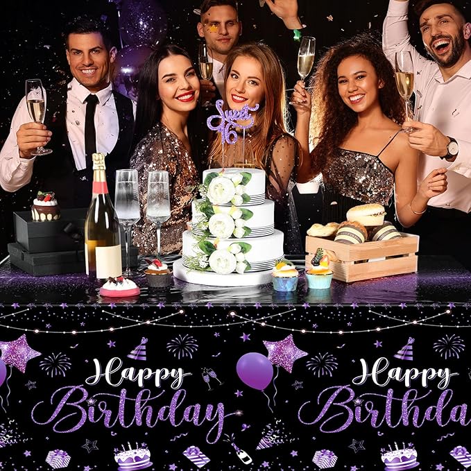 Tudomro 3 Pcs Happy Birthday Tablecloths Happy Birthday Party Decorations Plastic Table Cover Rectangular Cloths for Women Men Baby Shower Party Supplies, 108 x 54 Inch (Black Purple)