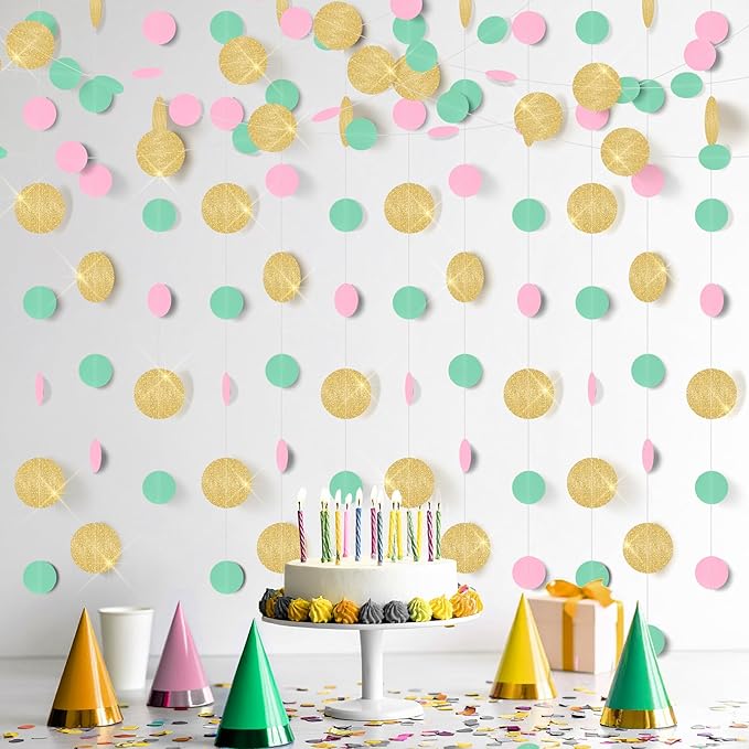 KatchOn, Circle Dots Paper Garland - 65 Feet, Pack of 5 | Colorful Birthday Garland for Pink Gold Birthday Decorations | Gold Hanging Decorations for Wedding, Baby Shower, Bridal, Classroom Decor