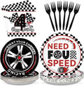 96 Pcs Need Four Speed Birthday Decorations Disposable Race Car Themed 4th Party Plates and Napkins Checkered Flag Tableware Set for Kids Boys Racing Car 4 Year Old Birthday Party Supplies Serves 24