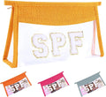 SPF Sunscreen Bag Clear Makeup Bag Chenille Letter SPF Cosmetic Zipper Pouch Summer Beach Essential Cute Toiletry Pouch Travel Accessories Gifts for Women
