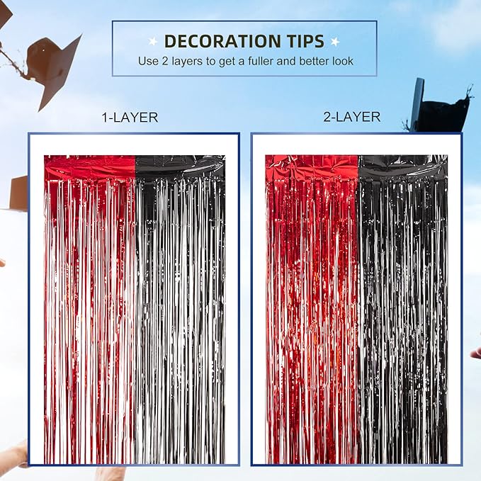 LOLStar Graduation Party Decoration, 4 Pack Red and Black 3.3x6.6 ft Foil Fringe Curtains, Tinsel Backdrop, Graduation Photo Booth Prop Streamer Backdrop for Class of 2026, Prom and Grad Party Decor