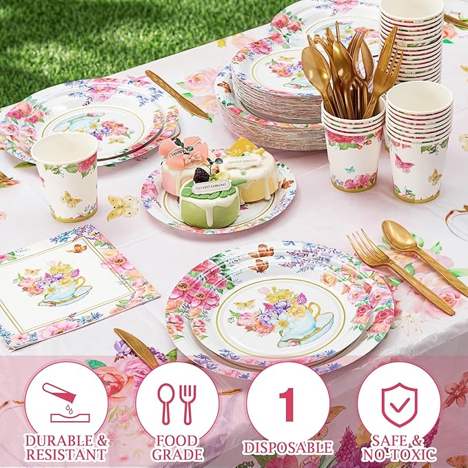 352 Pcs Tea Party Disposable Tableware Set Tea Party Supplies Serve 50 Guests Paper Plates Cup Napkin Plastic Cutlery Tablecloth for Wedding Bridal Birth Baby Shower Dinner