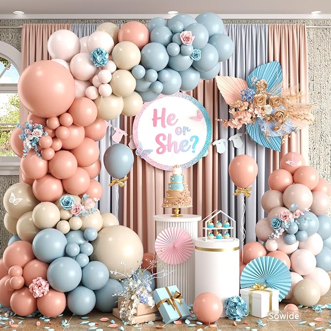 Gender Reveal Balloon Arch Kit,122Pcs Blush Pink Dusty Blue Sand White Peach Balloons for Gender Reveal Party Boho Wedding Bridal Engagement Baby Shower Anniversary Birthday Party Decorations