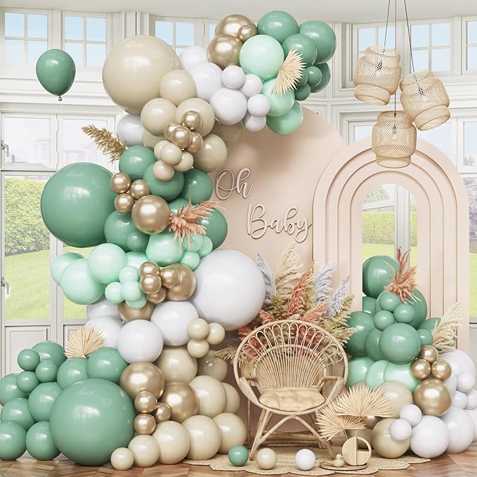 Sage Green Balloon Garland Kit, Green and White Balloon Arch Kit Olive Green White Gold Champagne Party Balloons Lime Green Beige Latex Balloons for Baby Shower Birthday Jungle Safari Party Decoration