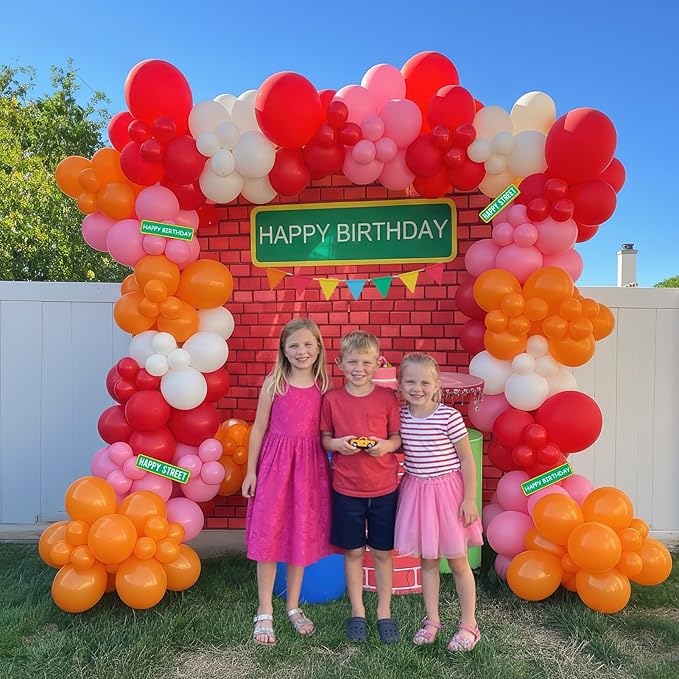 Sesame Friends Birthday Party decorations Cartoon orange red white Balloon Garland Kit With red brick birthday backdrop stickers For kids birthday decorations