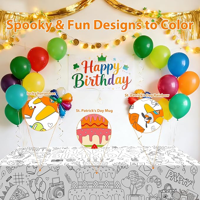 AinDen Birthday Coloring Tablecloth for Kids, Giant 72 x 30 Inch Coloring Poster, Happy Birthday Party Decorations Table Cloth for Crafts Games & Activities, School Classroom & Home