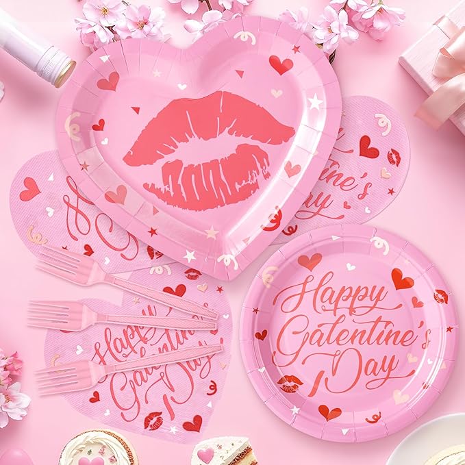 109PCS Happy Galentine's Day Party Supplies,Pink Love Heart Disposable Paper Plates Napkins Cups Forks Dinnerware for 24 Guest,Banner Balloons for Valentines Anniversary Wedding Engagement