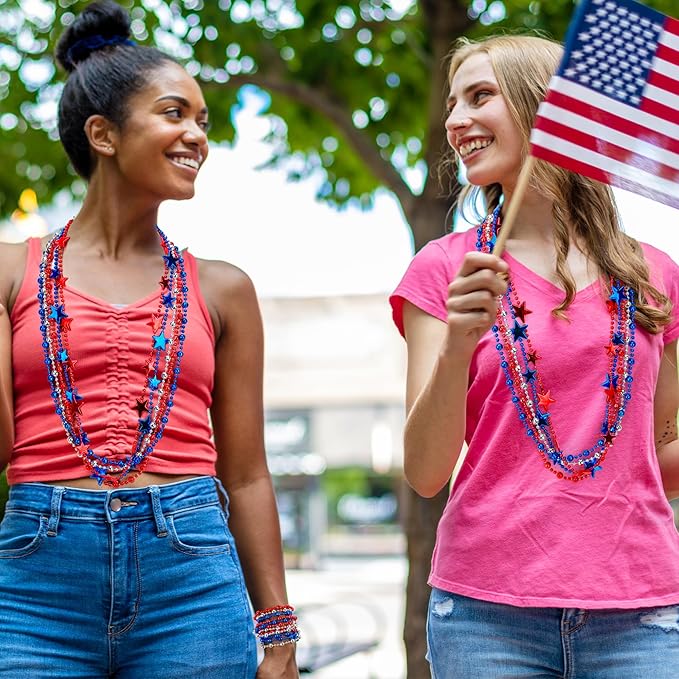 Independence Day Necklace Accessories, 48PCS 4th of July Beads Necklaces Bulk, 6 Kinds Fourth of July Red Blue White Stars Round Bead Necklace, Patriotic Bulk for Parade Party Favors Decor