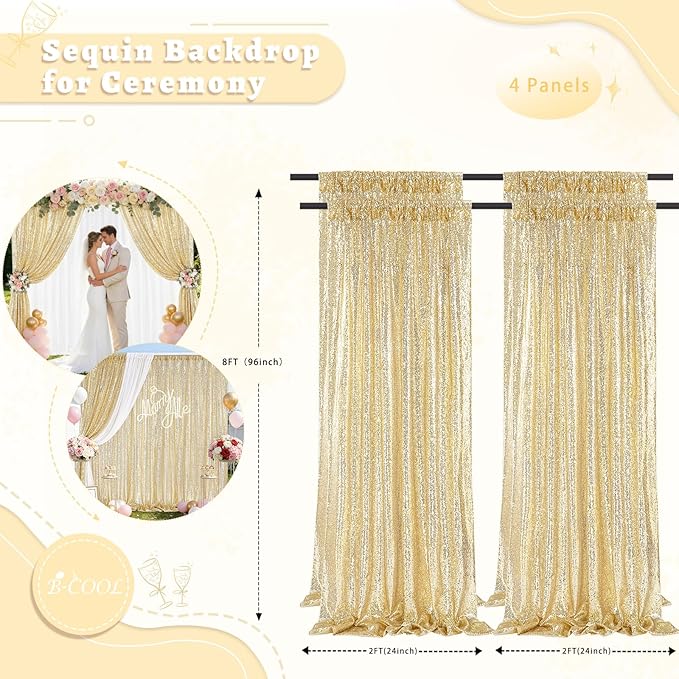 B-COOL Light Gold Sequin Backdrop Curtains 2 Packs 2ftx8ft Sparkle Backdrop Fabric Glitter Backdrop for Party Ceremony Wedding Birthday Decoration