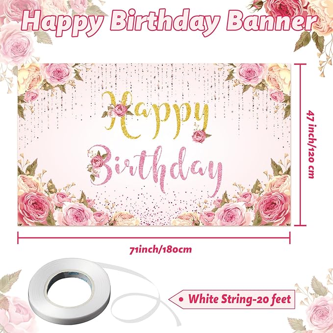 Happy Birthday Banner Pink Birthday Party Backdrop for Women Girls birthday sign Courtyard Photography Background Indoor Outdoor 71 x 47 inches