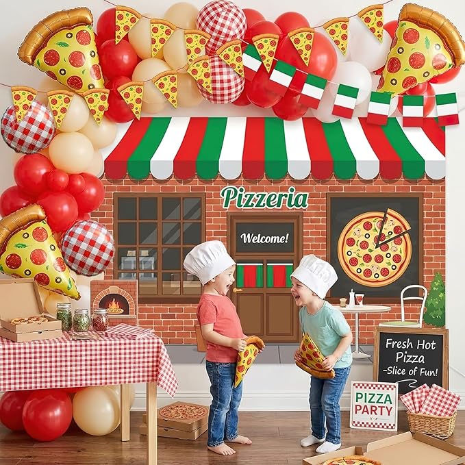 132PCS Pizza Party Balloon Arch Kit, Red White Sand White Latex & Gingham Checkered Foil Balloons with Pizza Foil Mylar for Italian Theme Birthday Baby Shower Christmas New Year Decorations