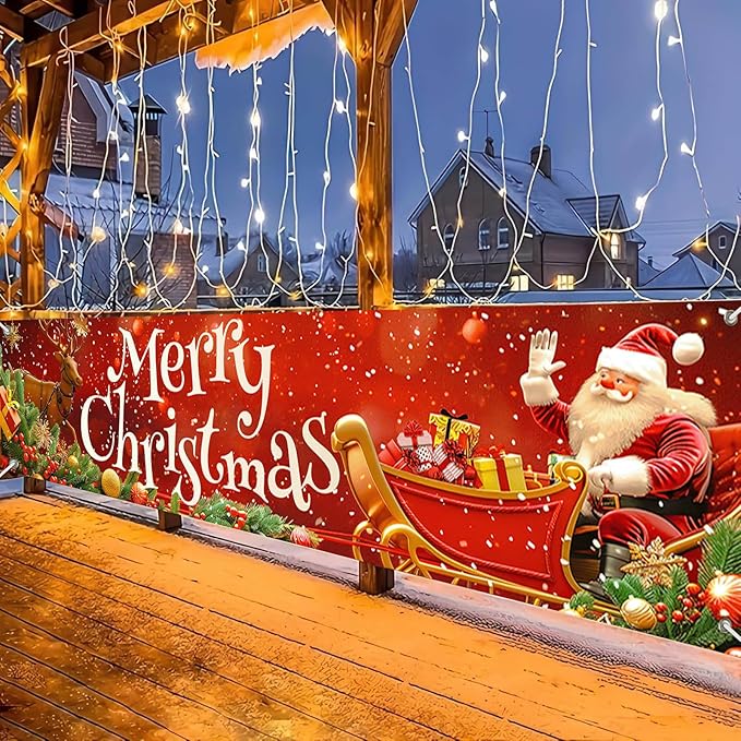 Merry Christmas Decorations Banner Polyester Fabric Santa Sleigh Reindeer Holiday Design Outdoor Porch sign for Indoor Outdoor Garden Fence Party 118x20 Inch Supplies Banners