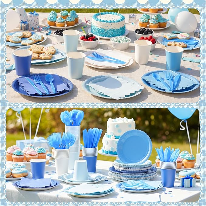 Zhehao 175 Pcs Blue Party Supplies Set Blue Disposable Tableware Kit with Plates, Cups, Napkins, Cutlery in Natural Earth Tones for Baby Shower, Birthday, Wedding Forest Events