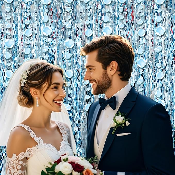 Blue Wave Shaped Streamers Ocean Themed Tinsel Foil Fringe Curtain with Bubble Garlands for Beach Under The Sea Party Decorations (3.3 feet Curtain 3 Bubble Garlands)