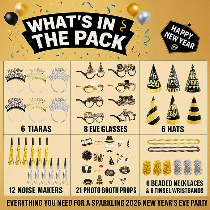 New Years Eve Party Supplies 2026 – 65 PCS Celebration Kit with Headbands, Cone Hats, Glasses, Necklaces, Noise Makers, Photo Booth Props & Wristbands – Gold Silver Happy New Year Decorations