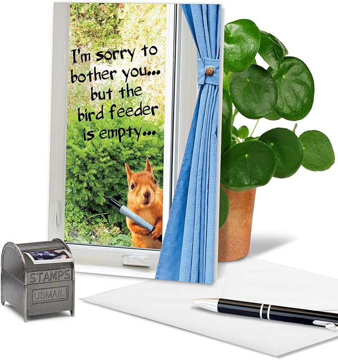 NobleWorks - 1 Happy Birthday Card with Funny Animals - Wildlife and Pet Humor, Fun Birthday Celebration Notecard - Empty Bird Feeder C2561BDG