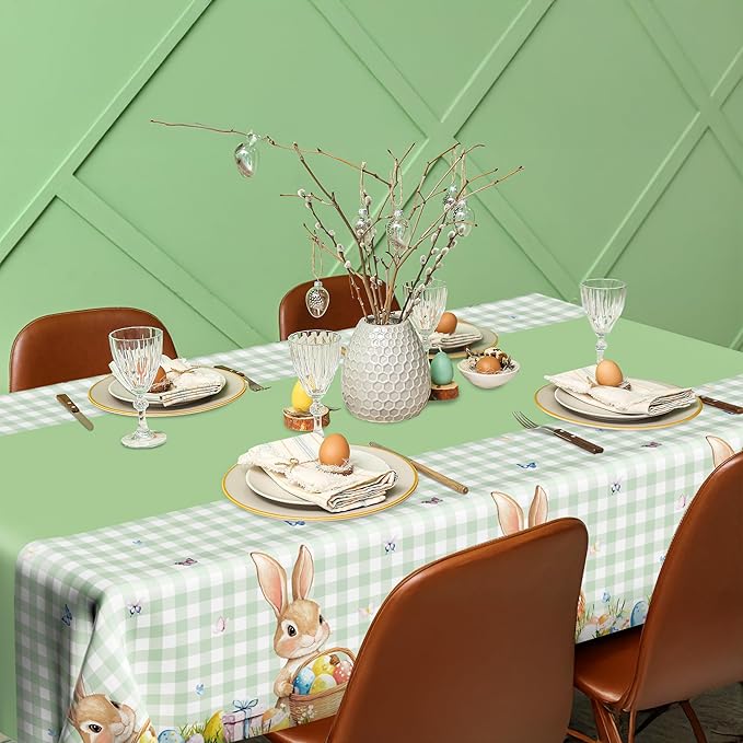 6 Pack Easter Tablecloth, 54" x 108" Disposable Easter Decorations Spring Tablecloth, Sage Green Bunny Plaid Easter Table Cloths, Rectangle Plastic Table Cover for Spring Party Decorations Supplies