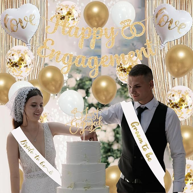 Trgowaul Champagne Gold Engagement Party Decorations, Happy Engagement Banner Backdrop, Bride&Groom Sash for Bridal Shower, Ring Foil Balloon, Just Engaged Cake Topper Wedding Shower Decor