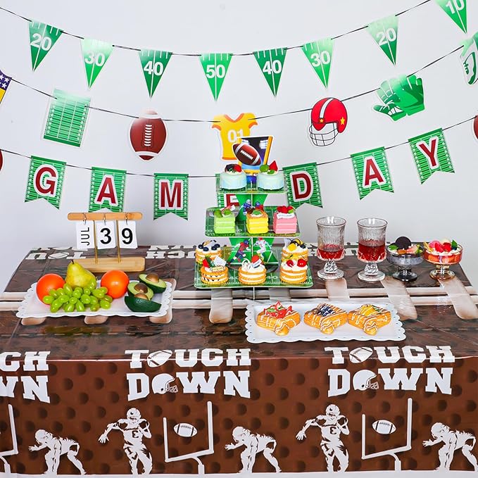 3 Pack Plastic Football Tablecloth, Superbowl Party Decorations 54 x 108 Inch Plastic Table Cloth for Rectangle Tables Disposable Touchdown Table Cover for Football Theme Party Games Decor