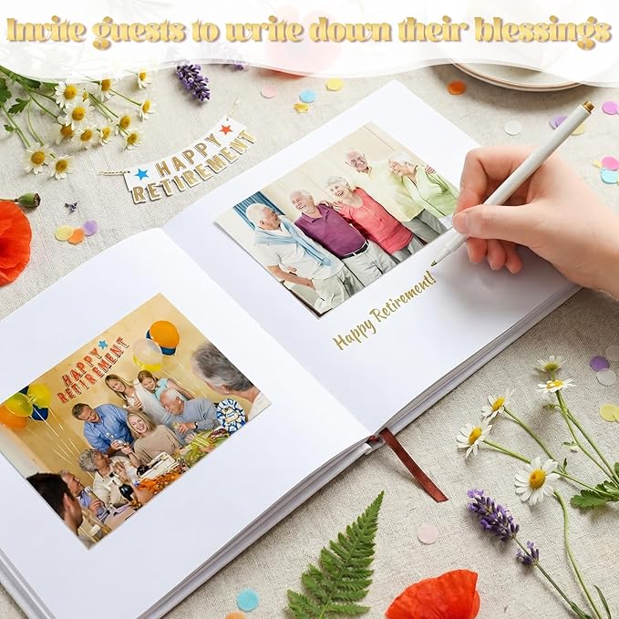 2026 Retirement Guest Book with 2 Markers 8.7'' Square Hardcover Blank Guest Photo Signing Memory Book Happy Retirement Gift Party Supplies for Women Men Teacher Grad Decor (White,Floral)