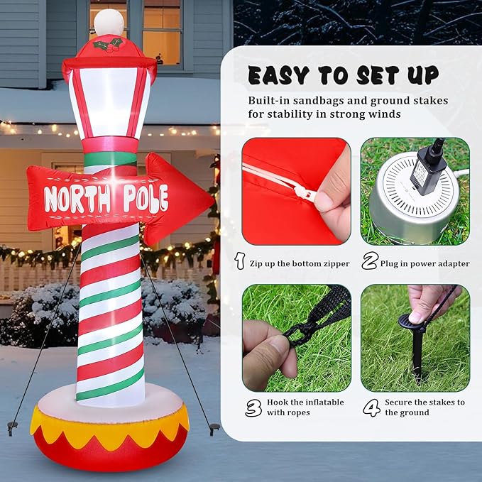 FunFanso 6 FT Christmas Inflatables North Pole Road Sign Outdoor Decoration, Blow Up Street Lamp with Built-in LED Lights, Santa Claus Arctic Road Sign for Holiday Display Lawn Garden Yard Xmas Decor