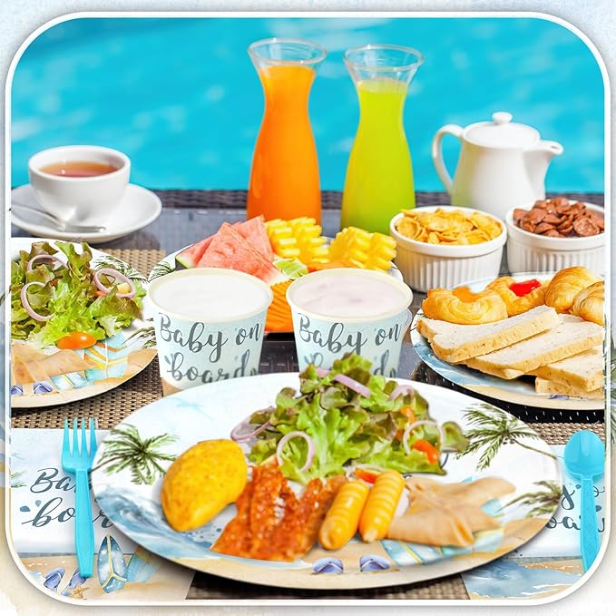 350 Pieces Baby on Board Party Decorations Supplies Tropical Summer Beach Party Tableware Set Baby Shower Party Dessert Plates Napkins Forks for 50 Guests