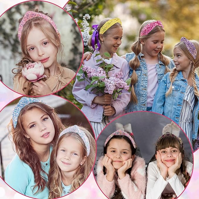 2Pcs Sequin Knotted Headband for Women, Sparkly Knotted Wide Hair Bands for Girls, Glitter Fashion Iridescent Headbands Hair Accessories Fancy Outfits for Party Birthday Prom