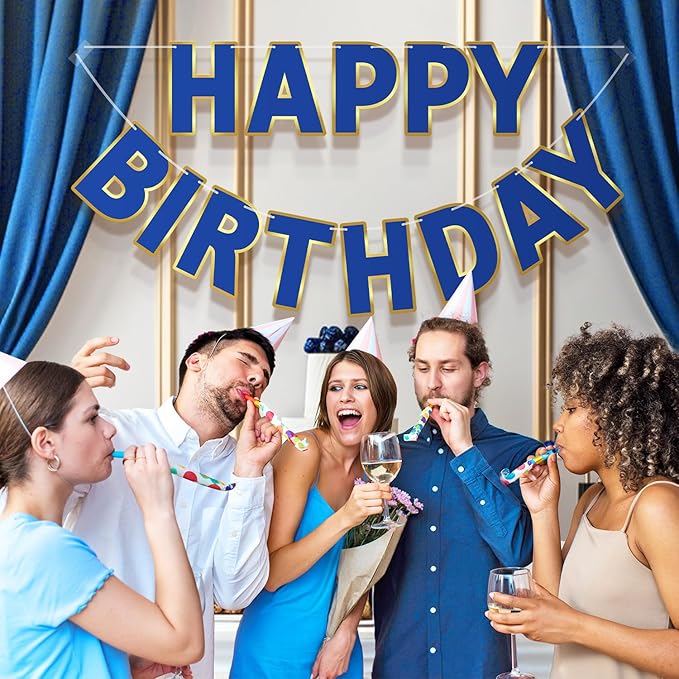 Happy Birthday Banner - 9ft Pre-Strung Happy Birthday Sign for Women, Men, Girls, Boys - No DIY Birthday Decorations & Party Supplies(Navy Blue)