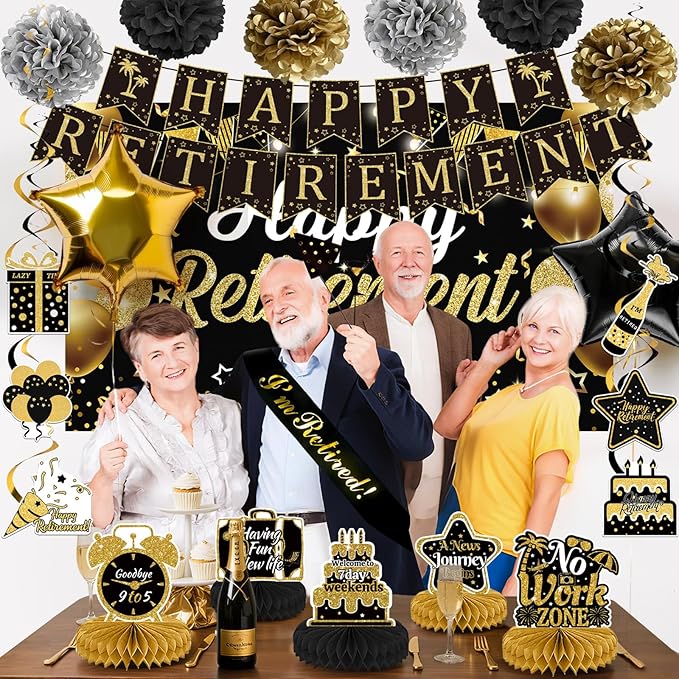 22Pcs Retirement Party Decorations for Men Women, Black and Gold Happy Retirement Banner, Poster, Sash, Balloons, Honeycomb Centerpieces - Retirement Party Supplies for Farewell Goodbye Party