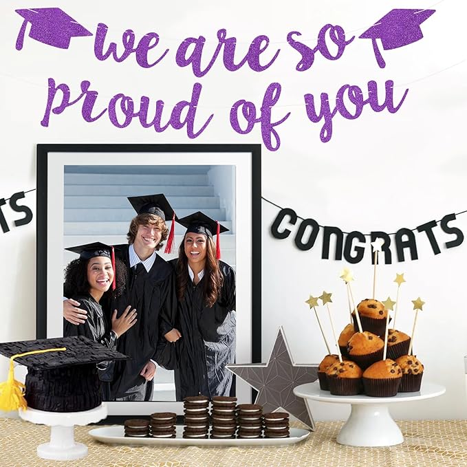 2026 Graduation Decorations Pre-Strung Blingbling We Are So Proud of You Banner Glitter Graduation Garland for Class of 2026 High School College Grad Party (Purple)