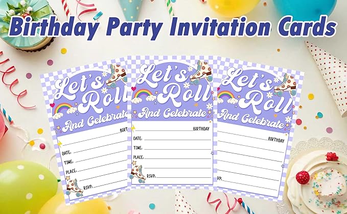 CLIRBE Let's Roll Birthday Party Invitations, Purple Birthday Invitations For Brother Bro Teen Boys Girls, 20 Invites Cards With 20 Envelopes, Party Supplies Favors -H08