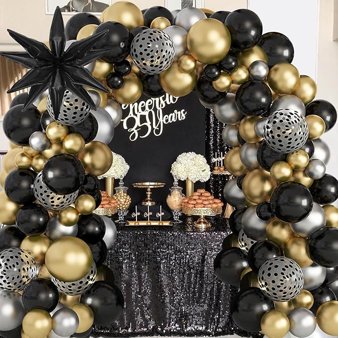 Amandir 145PCS Black and Gold Balloons Garland Arch Kit, 18''12''5'' Silver Metallic Black Gold Foil Balloons for 2026 New Year Men Wedding Anniversary Birthday Graduation Retirement Decorations
