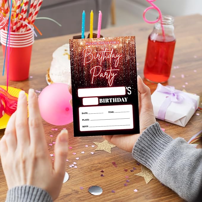 Pink and Glitter Birthday Party Invitation Cards for Boys Girls, Birthday Celebration Party Invite Cards Supplies, 20 Double-Sided Fill In Invites With Envelopes -17