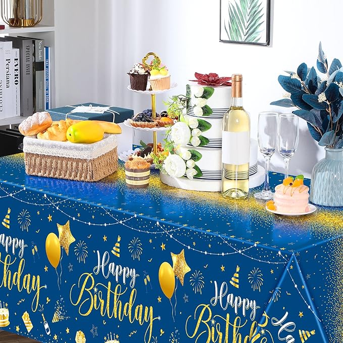 Tudomro 3 Pcs Happy Birthday Tablecloths Happy Birthday Party Decorations Plastic Table Cover Rectangular Cloths for Women Men Baby Shower Party Supplies, 108 x 54 Inch (Blue Silver)