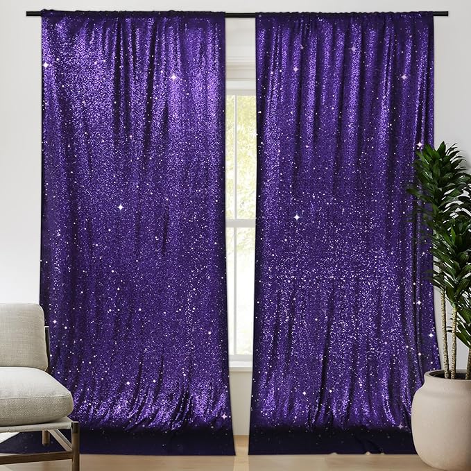 PartyDelight Purple Sequin Backdrop 5x10ft 2 Panels - High Density 3mm Shimmer Sequin Background with 4-Inch Rod Pocket, Sparkly Photography Curtain for Wedding, Stage & Event Decor