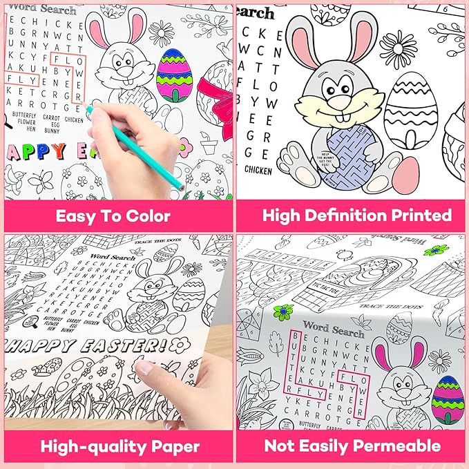 3 Pack Large Happy Easter Coloring Tablecloth - Giant Easter Color-in Paper Poster, Rectangle Cute Bunny Activity Coloring Table Cloth for Spring Easters Party Craft Decorations Favors, 54 x 108 Inch