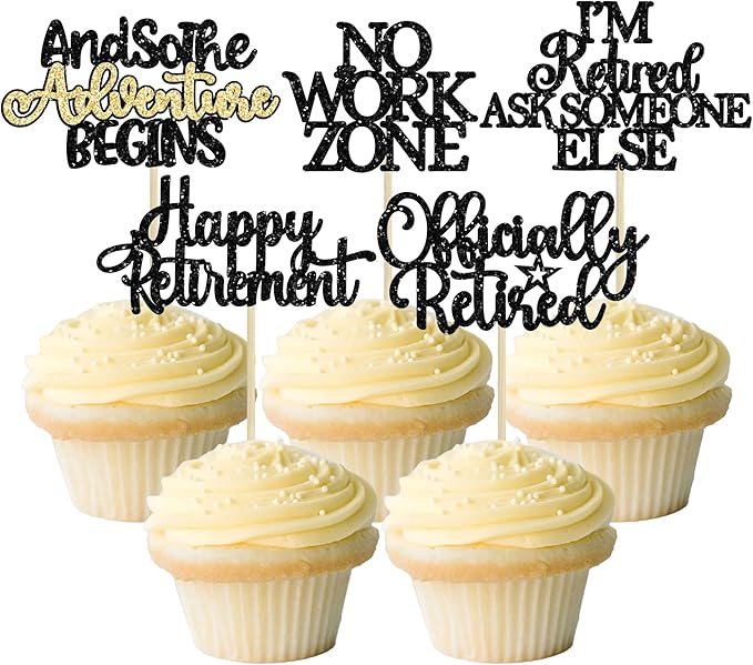 Gyufise 30Pcs Happy Retirement Cupcake Toppers Officially Retired No Work Zone Adventure Begins Cupcake Picks for Retirement Theme Farewell Birthday Party Cake Decorations Supplies Black