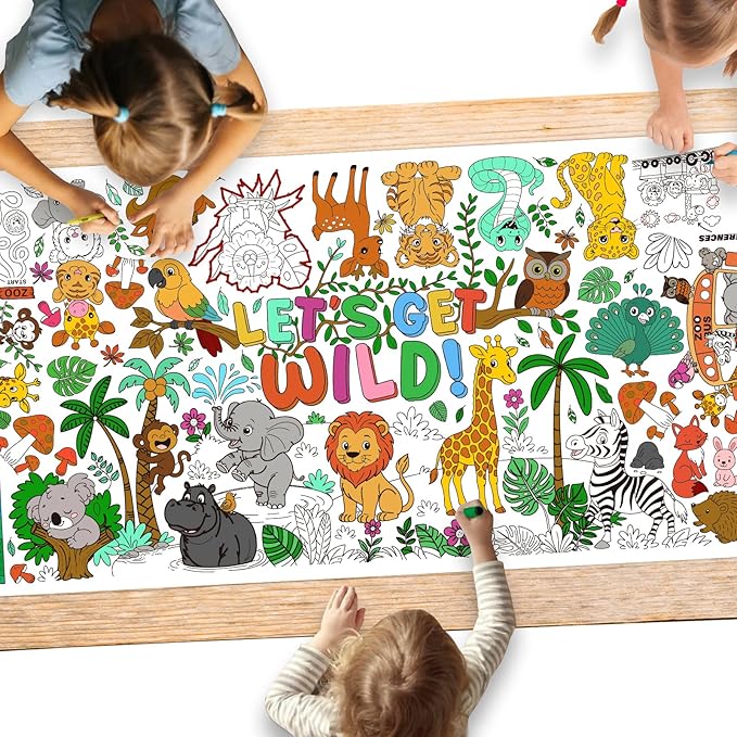 Safari Jungle Party Coloring Poster, 31.5x72" - Ideal as Safari Birthday Decorations, Kids' Coloring Table Cloth, Jungle Tablecloth for School Party & Special Events