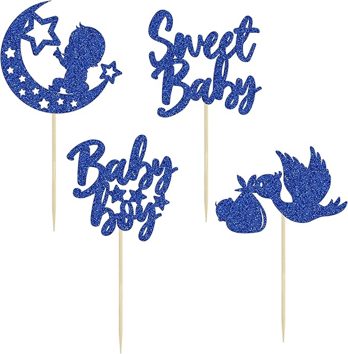 24Pcs Sweet Baby Boy Cupcake Toppers Moon Star Glitter Baby Shower Cupcake Picks Decorations for Gender Reveal Baby Shower Kids Boys Birthday Party Supplies Deep Blue