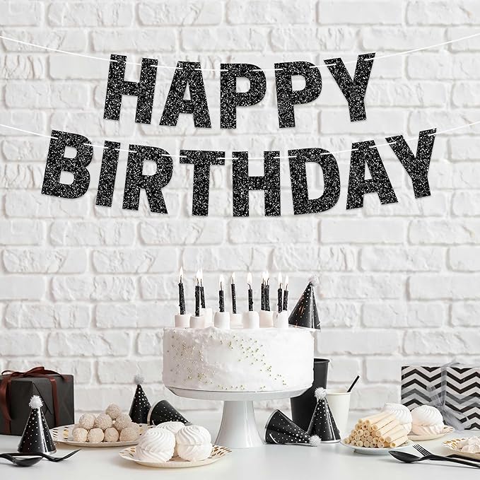 Pre-strung Happy Birthday Banner - No DIY - Black Glitter Birthday Party Banner - Pre-strung Garland on 8 ft Strands - Black Bday Party Decorations & Decor for Men & Women. Did We Mention No DIY
