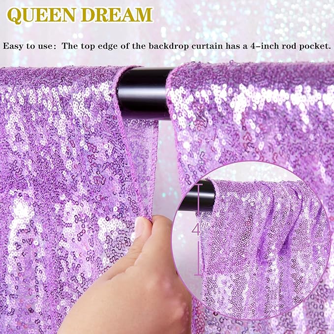 12ftx8ft Lavender Backdrop Curtains for Parties - Light Purple Sequin Photo Background Drapes for Baby Shower Wedding Birthday Glitter Fabric Decor 6 Panels 2ftx8ft